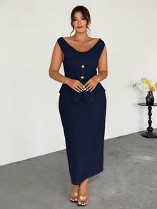 Firerie Conjunto de 2 piezas elegante con top de escote pronunciado y diseño de botones y falda midi para mujer de talla grande - Azul Marino - Ver 5