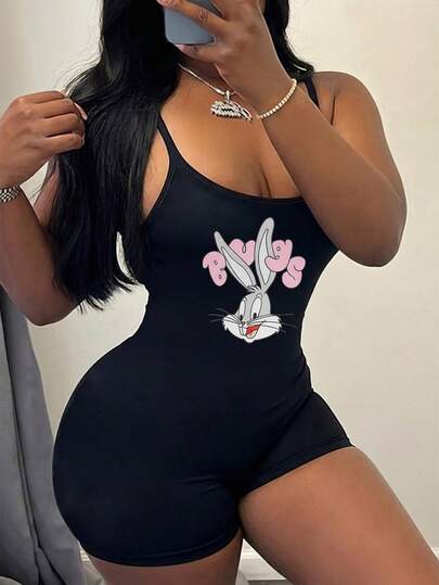 Slaydiva LOONEY TUNES X SHEIN Women's Sexy Backless Bodycon Jumpsuit With Graphic Print - Sports, Gen Z, Summer Biking, Yoga, Western Festival, Cute Retro Vintage Y2K