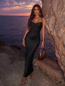 Zolique Tie Shoulder Backless Ruched Cami Dress Maxi Women Outfit - Black - View 3