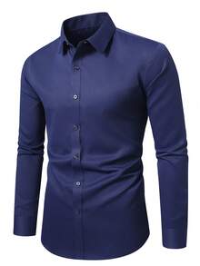 Manfinity Mode Men's Versatile Solid Color Long Sleeve Formal Shirt For Commuting, Ceremony - Navy Blue - View 4