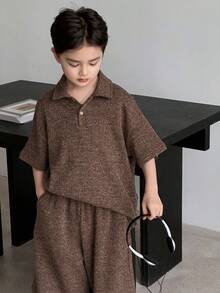 Dazy Kids 男童夏季休闲度假及日常穿着简约纯色落肩宽松Polo衫和短裤套装 - 棕色 - 查看 6