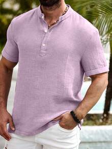 Manfinity Homme Áo sơ mi nam Manfinity Nomadique chất liệu cotton-linen, kiểu dáng thường ngày, cổ Hengli, thích hợp cho mùa hè. - Màu tím hoa cà - Xem 3