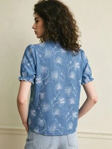 Franclia 女士法式休闲度假风荷叶边领花瓣袖柔软质感蓝色衬衫，春夏款 - 藍色 - 查看 2