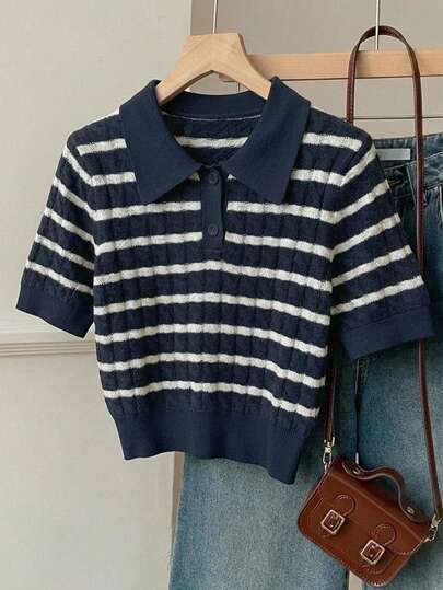 CovetEZ Casual Minimalist Style Preppy Style Navy Blue Twist Striped Women Knit Top, Niche College Style Brand, Viral Sensation Polo Collar Short Sleeve, Suitable For Spring And Summer