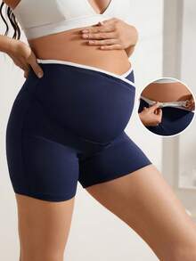 SHEIN Maternity Navy Blue Elastic Waist Asymmetric Sports Shorts,Summer Casual Gym Vacation Outfits For Women,Holiday Beach Clothes,Summer Outfit For Women - Navy Blue - View 4