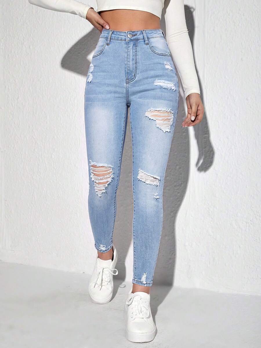 Jeanoix Jeans slim délavé et déchiré décontracté - Jean clair - Voir 1