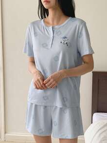 DAZY Women Bear & Floral Print Top And Shorts Pajama Set Summer - Blue - View 4