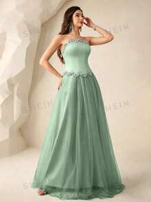 Coutiva Women's Rhinestone Embellished Mesh Patchwork Maxi Formal Gown (Heavily Embellished) - Green - View 5