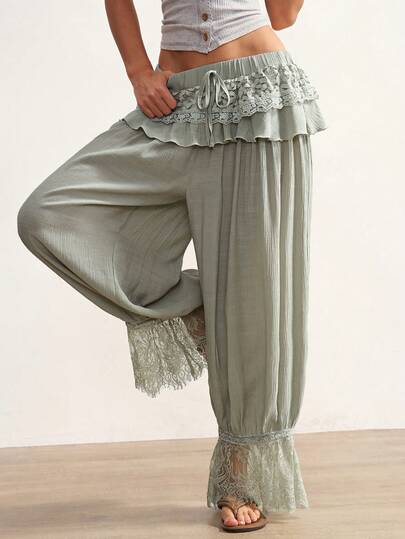 Bohemela BOHO Women's Spring/Summer Casual Woven Pants With Lace Patchwork, Designed In A Balloon-Leg Silhouette With A Ruffled Hem And Lace Accents. Suitable For Everyday Outings, Meetups With Friends, Music Festivals, Parties, Layered Styling, And Lounging At Home. Easy To Wear For Party Looks, Beach Outfits, Summer Holiday Styling, Vacations, And Western-Inspired Music Festivals-Also Great For Easter, Country Concerts, Live Shows, Carnivals, Afternoon Tea, Beach Days, Cruises, And City Trips.