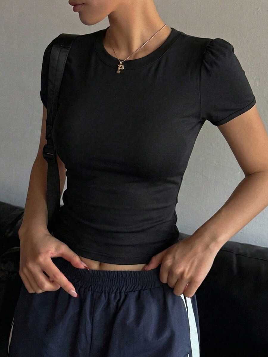 DAZY 女款方領短袖修身T恤夏季短版上衣 - 黑色 - 查看 1