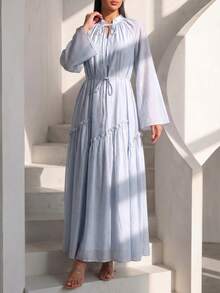 Veilorie Women's Solid Color Tie Neck Raglan Sleeve Arabic Style Dress Summer Modest - Blue - View 7