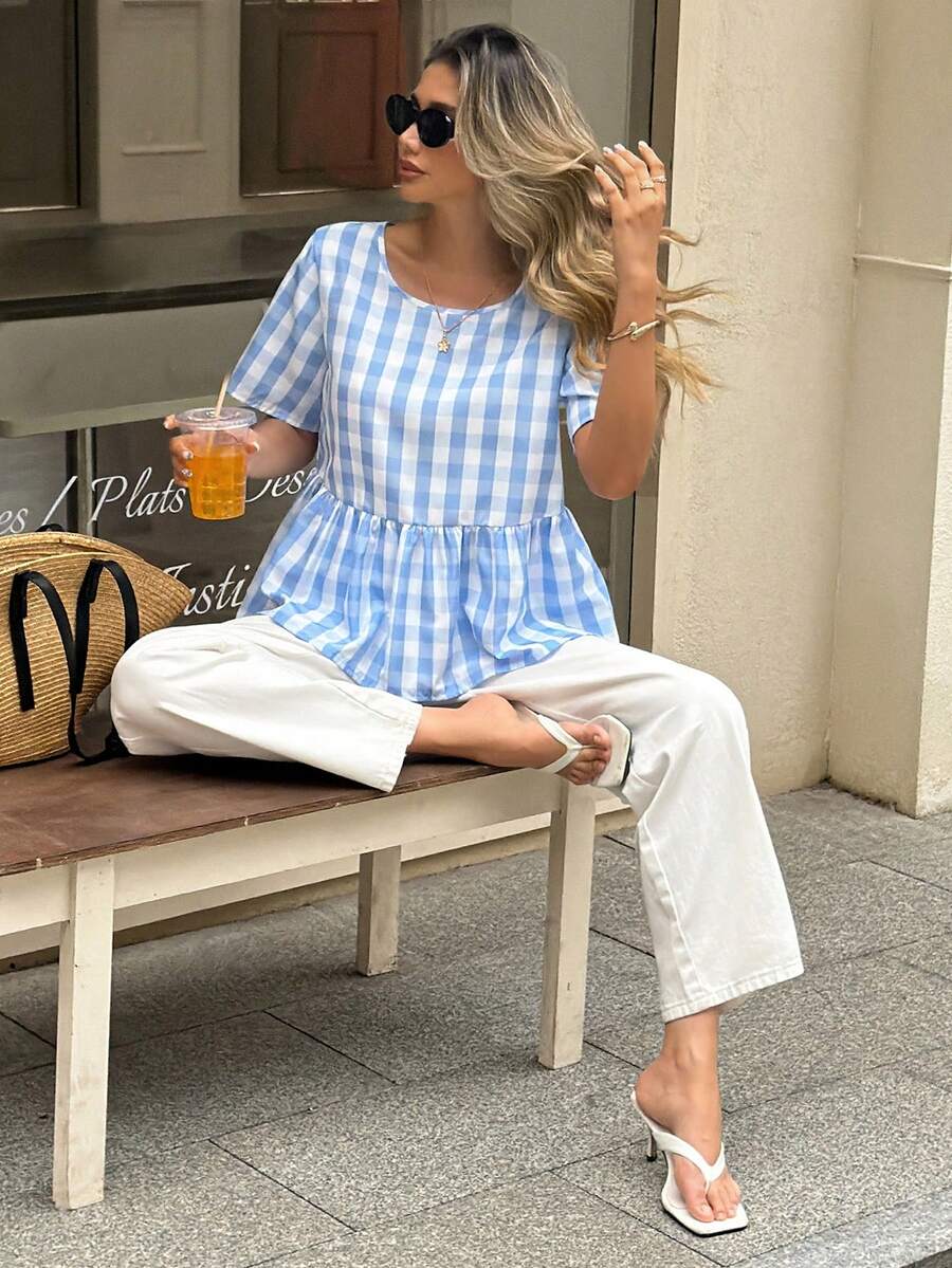 SHEIN LUNE Top básico de moda para mujer con estampado de cuadros azul y blanco, estilo lindo y casual de verano para brunch, vacaciones, uso diario, festivales y conciertos de música country - Azul y blanco - Ver 1