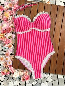 Swim Mod Women's Summer Beach Vacation Colorblock Striped Print Floral Trim Pearl Strap One-Piece Swimsuit - Pink - View 6