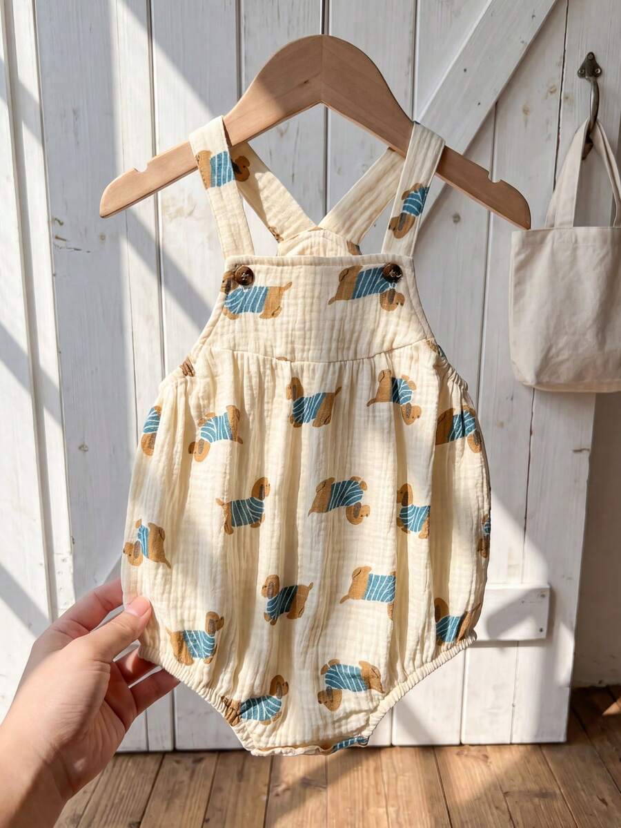 SHEIN Vintaside Kids Newborn Sausage Dog Print Romper - Apricot - View 1