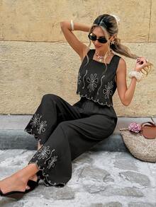 SHEIN Frenchy Bộ đồ 2 món dành cho nữ, thích hợp cho kỳ nghỉ, thêu hoa, gồm áo tank top và quần dài. - màu đen - Xem 7