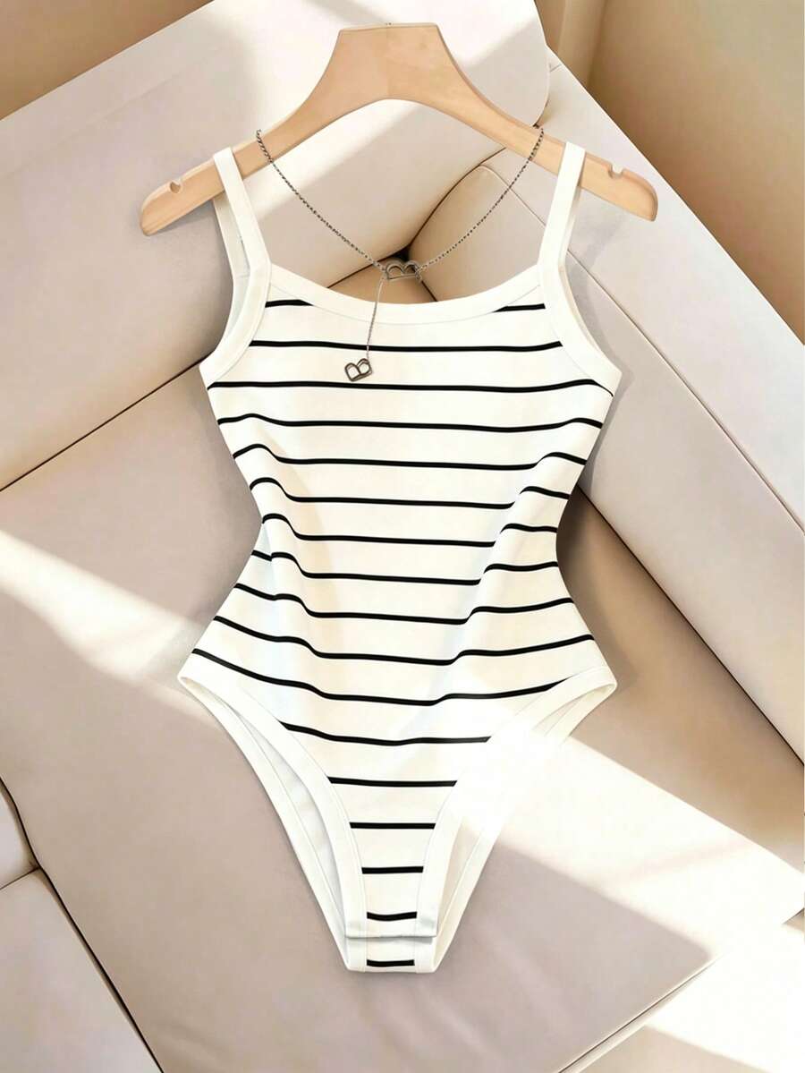 SHEIN LUNE Body de mujer de verano casual a rayas - Blanco y Negro - Ver 1