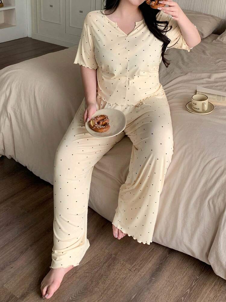 Dazy Plus 2pcs/Set Polka Dot Pattern V-Neck Short Sleeve T-Shirt And Loose Straight Long Pants Pajama Set, Plus Size Women Spring/Summer