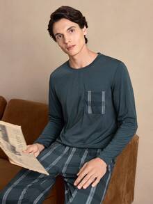 Men's Striped Patchwork Crew Neck Long Sleeve Top And Pocket Pants Casual Lounge Suit  Cozy And Elegant Details, Fall Winter Clothes - Olive Green - View 4