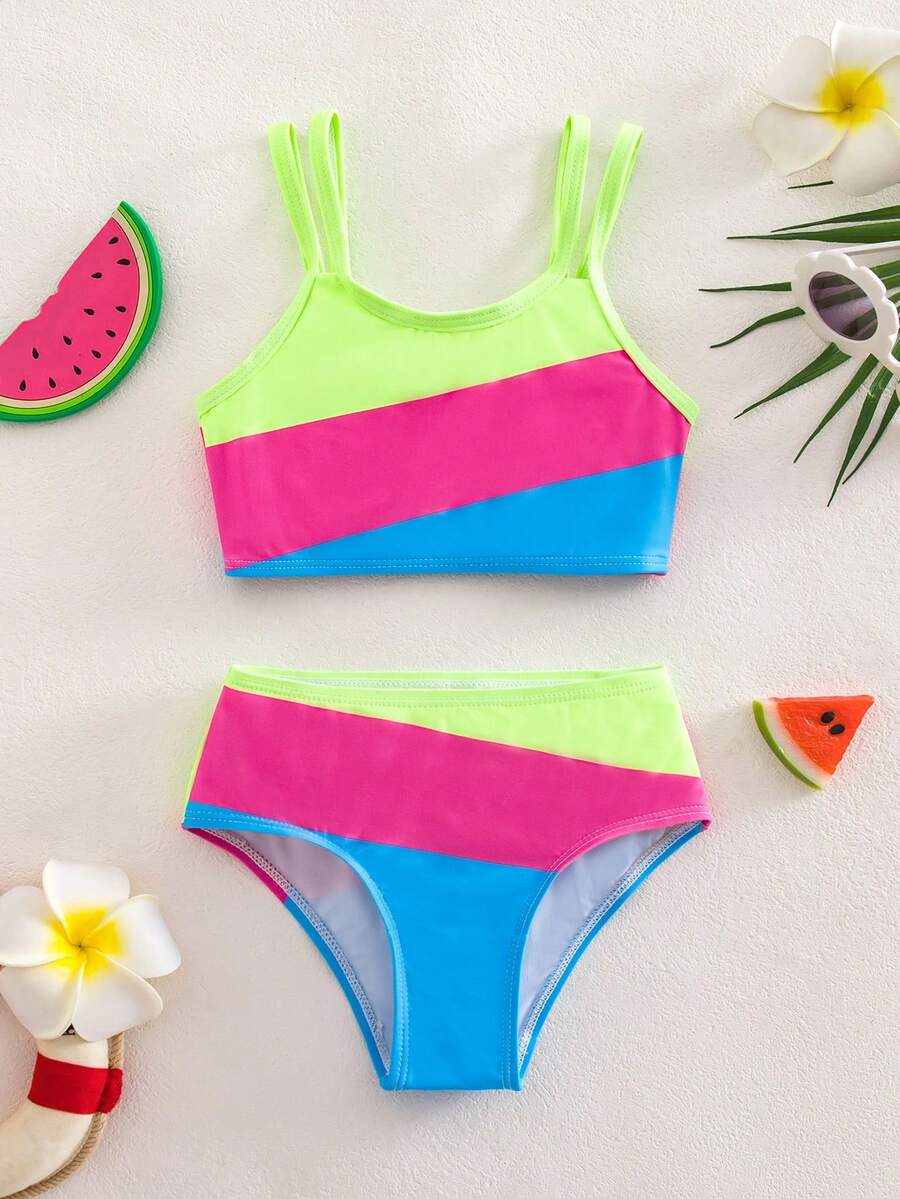SHEIN Young Girl Colorblock Bikini And Triangle Panty Swimwear Set, Suitable For Summer Vacation And Beach - Multicolor - View 1