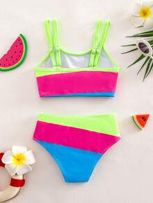 SHEIN Young Girl Colorblock Bikini And Triangle Panty Swimwear Set, Suitable For Summer Vacation And Beach - Multicolor - View 2