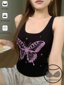 DAZY Women's Casual Butterfly Print Base Layer Top - Black - View 3