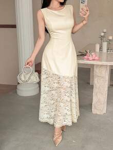 Feyla Đầm thanh lịch không tay cổ tròn, viền ren tương phản. - Màu vàng ngỗng - Xem 3