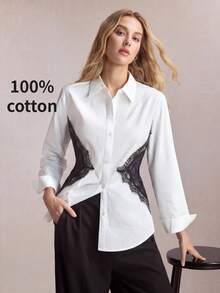 Camisa de manga larga para mujer con botones en los hombros, estilo clásico vintage de los 90, romántica, adecuada para ir al trabajo, oficina, uso diario casual, - Blanco y Negro - Ver 4