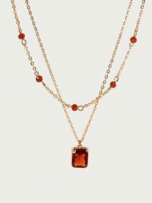 Glisma 1pc Vintage Square Brown Cubic Zirconia Pendant With Double Layer Crystal Beads Necklace, Women's Daily, Holiday, Party Accessory - Yellow Gold - View 1