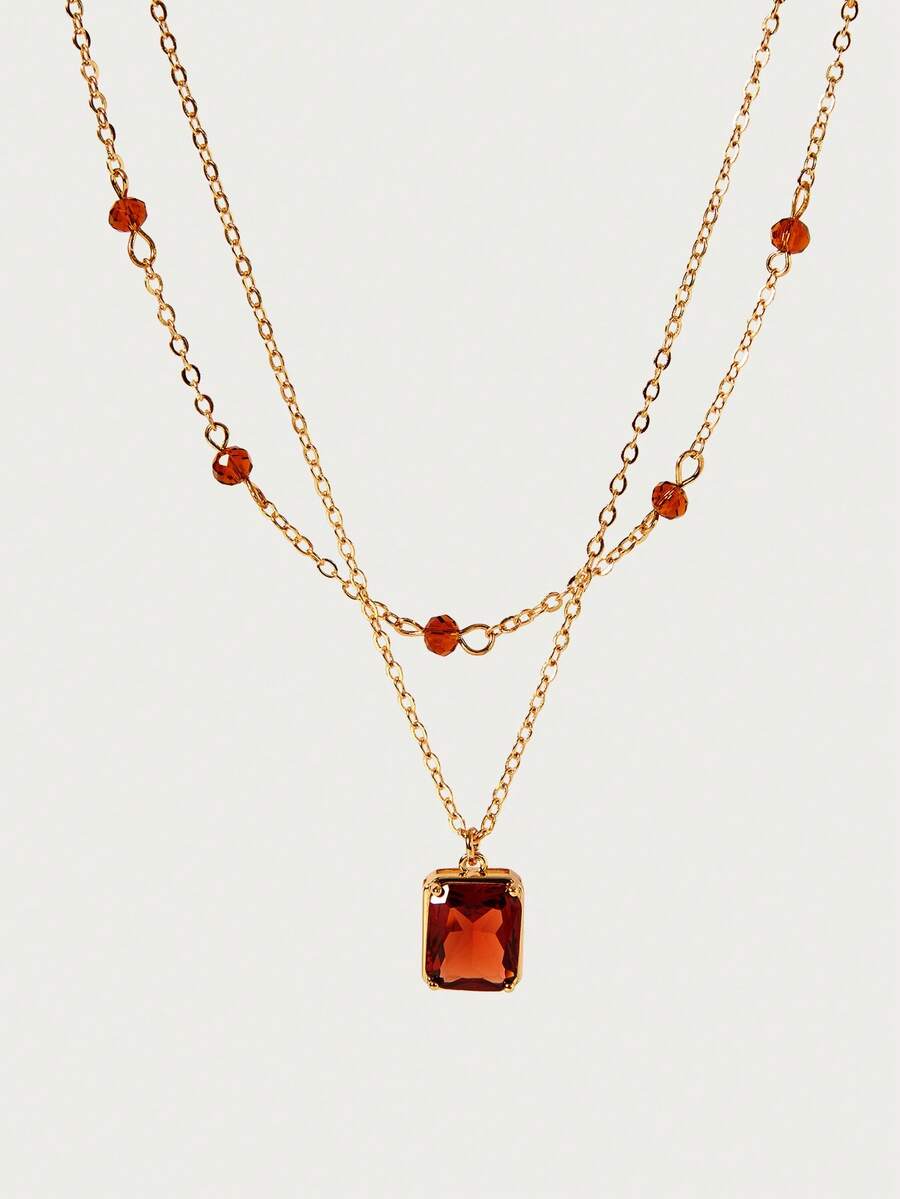 Glisma 1pc Vintage Square Brown Cubic Zirconia Pendant With Double Layer Crystal Beads Necklace, Women's Daily, Holiday, Party Accessory - Yellow Gold - View 1