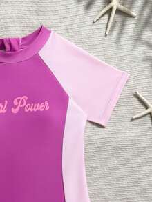 SHEIN Traje de baño de una pieza con mangas raglán y cremallera en la espalda, con bloques de color, adecuado para surf, deportes, verano, playa, piscina, vacaciones, para niñas preadolescentes - Púrpura malva - Ver 3