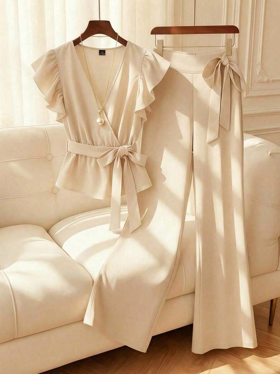 GlowEve CURVE Women's Plus Size White Summer Elegant Tea Party 2 Pieces Set Ruffle V Neck Short Sleeve Belted Vest Top And Flare Pants High Waist Casual Workwear - Apricot - View 1