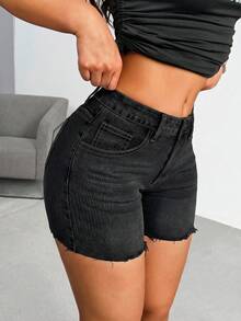 SHEIN ICON Women's Casual Frayed Hem Denim Shorts With Pockets - Black - View 3