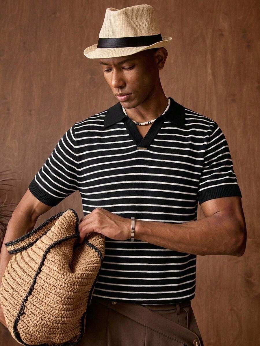 AKNOTIC Men's Striped Short Sleeve Knit Top - Black and White - View 1