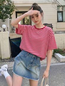 DAZY 女款寬鬆條紋短袖休閒T恤夏季圖案印花上衣 - 粉色 - 查看 5