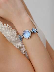 Opalesca 1pc Women's Casual Clover Rhinestone Decor Bracelet Watch, Gift Accessories - Blue - View 1