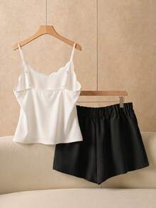 Elaquor Plus Size Women 2pcs Set - Solid Color Curved Hem Camisole Top And Shorts - Black and White - View 2