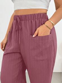 Shapeblank Plus-Size Women's Purple Summer Smart Casual Everyday Fashionable Loose Comfortable Basic Textured Elastic Waist Large Pockets Capri Pants - Red Violet - View 7