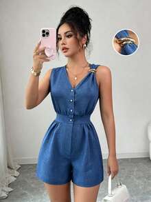 Elenzga Bộ jumpsuit màu xanh nhạt cổ chữ V, thắt eo, ống rộng, không tay, hàng mới về mùa hè. - Màu xanh bụi bặm - Xem 4