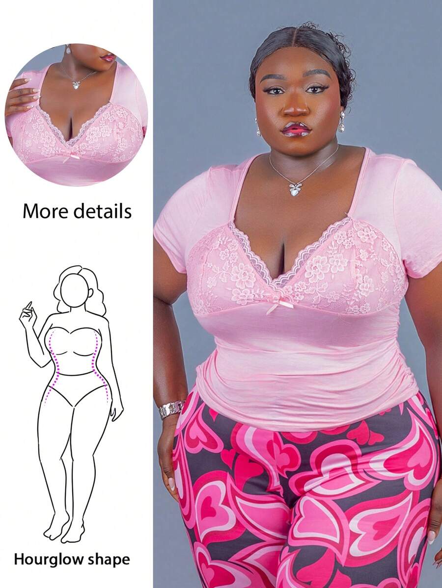 CurvyTilda Plus Size V-Neck Lace Patchwork Waist Ruched Fitted Knit Sexy T-Shirt For Spring/Summer, Wedding Guest Top Cute Pink Top, For Hourglass Body Shape - Pink - View 1