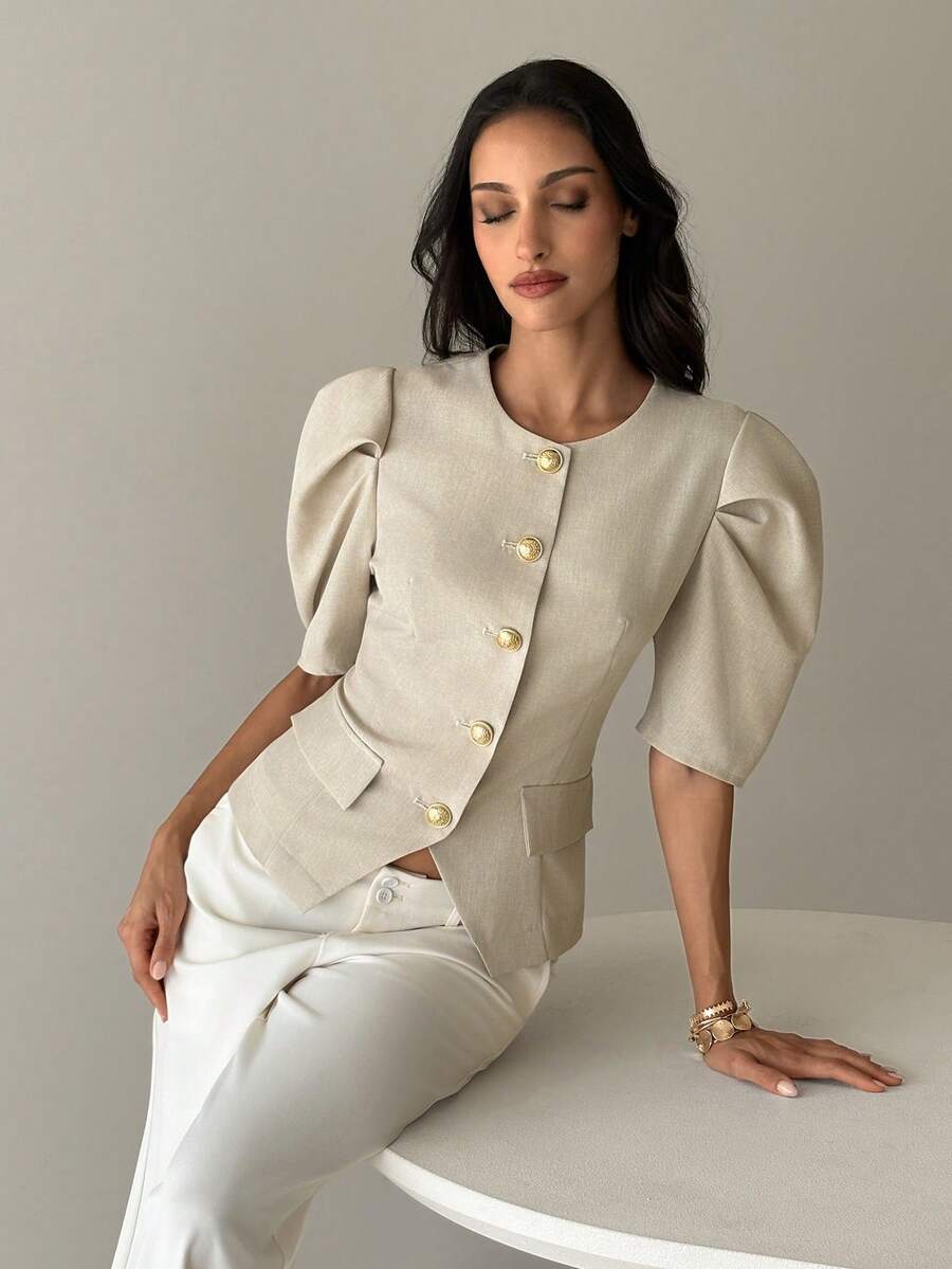 Aloruh Áo blazer tay phồng trang trí kim loại dành cho nữ mùa xuân/hè - Màu Khaki - Xem 1