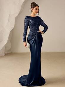 Coutiva Đầm dạ hội nữ thanh lịch đính sequin, phối nhiều mảnh, vạt trước xoắn, đuôi cá. - Màu xanh hải quân - Xem 4