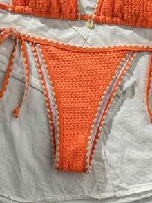 Swim Mod Women's Solid Color Jacquard Fabric Ruffle Trim Tie Strap 2-Piece Bikini Set, Summer - Orange - View 5
