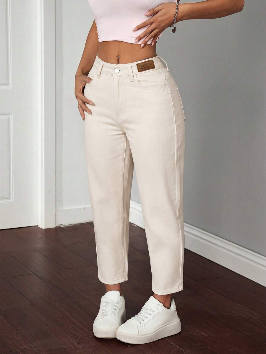 SHEIN PETITE Casual Versatile Solid Color Denim Pants - Apricot - View 1