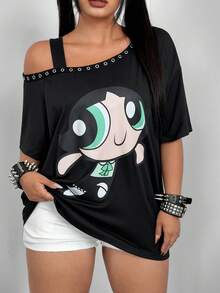 Whyspr THE POWERPUFF GIRLS X SHEIN 大码女式宽松休闲不对称吊带上衣，饰有军官印花和浪漫花卉印花，适合休闲、度假和浪漫约会。 - 黑色 - 查看 3