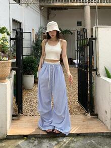 DAZY 女款休閒條紋寬鬆韓系對比色二合一長褲 度假風 - 淺藍色 - 查看 5