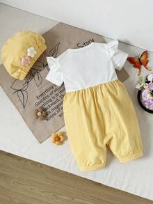 SHEIN Playful Pals Baby Girls' Cute 3D Floral Embroidery Ruffle Sleeve Romper & Hat 2pcs Set, Summer - Yellow - View 3