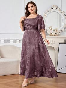 Reflora Plus Size Women's Square Neck Floral Print Elegant Waist Cinched Party Dress - Dusty Pink - View 5