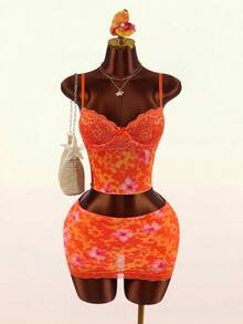 Amplova Lace Cup Detail Tropical Floral Mesh Bodycon 2 Pieces Set For Women Beach Vacation Orange Red Summer Outfits Casual - Orange - View 2