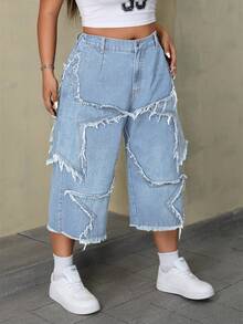 SHEIN ICON 大尺碼女款街頭時尚風格 3/4 長度牛仔褲 - 藍色 - 查看 7