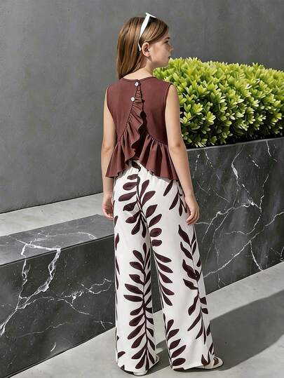 2 Pieces Girls Sleeveless Back Wooden Ear & Leaf Printed Trousers Summer Set Casual Versatile Suitable For Traveling, Shopping And Commuting Wear Comfortable Summer Clothing